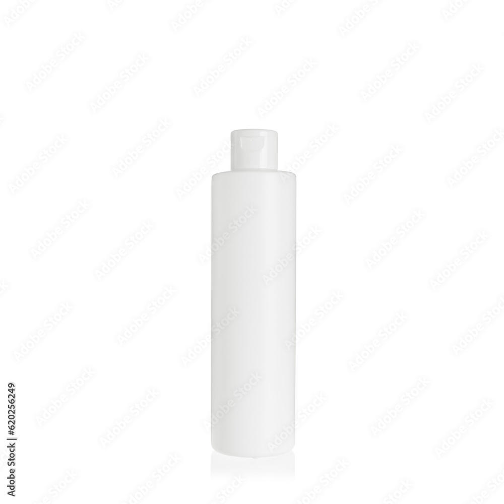 White cylindrical PEHD bottle container with white cap. Packaging of antiseptic. Template of a bottle for cosmetics and medical products. Isolated on white background, copy space template, banner. White cylindrical PEHD bottle container with white cap. Packaging of antiseptic. Template of a bottle for cosmetics and medical products. Isolated on white background, copy space template, banner.