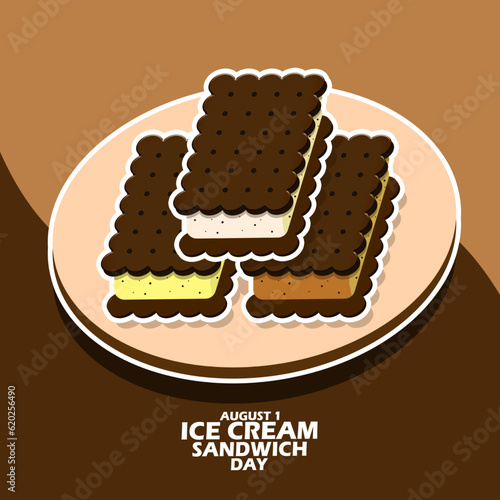 Three pieces of ice cream sandwich with three different flavors on wooden plate, with bold text on brown background to celebrate National Ice Cream Sandwich Day on August 2