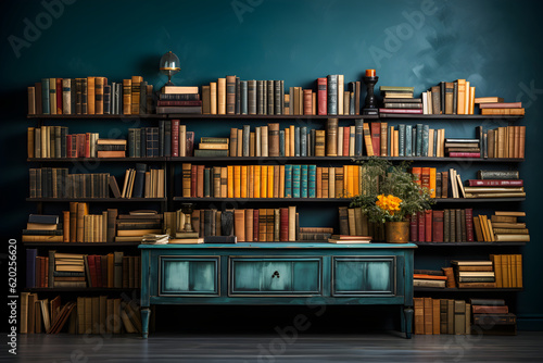 vintage studio photo background with shelves full of books and a table