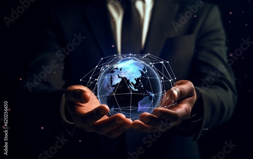 A man in a suit holding a glowing globe in his hands. AI
