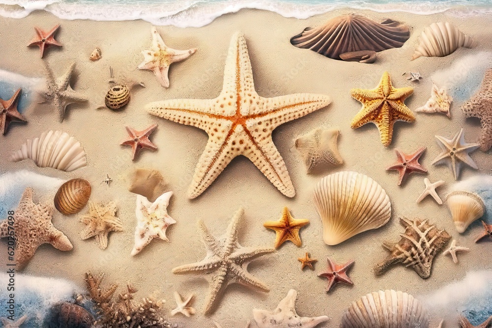 Beach sand with shell and starfish (Ai generated) Beach sand with shell and starfish (Ai generated)