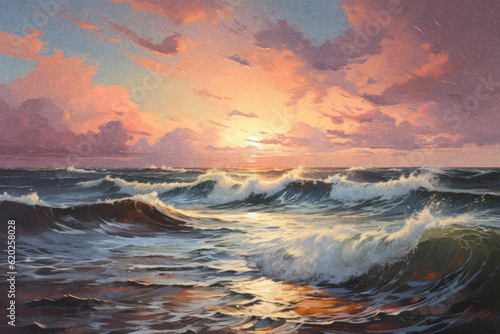 Sunset over the Sea Waves