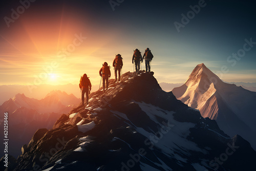 Group on Mountain Peak at Sunrise