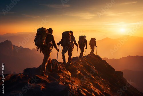 Hikers on Mountain Peak at Sunrise