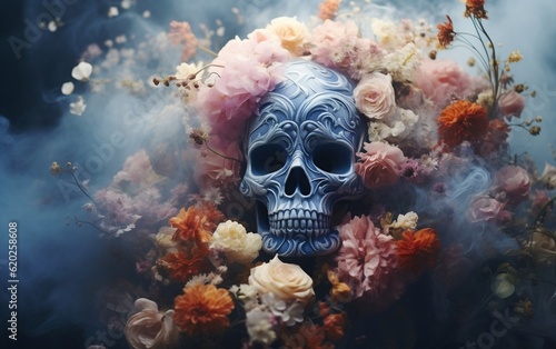A skull with a wreath of flowers on its head. AI