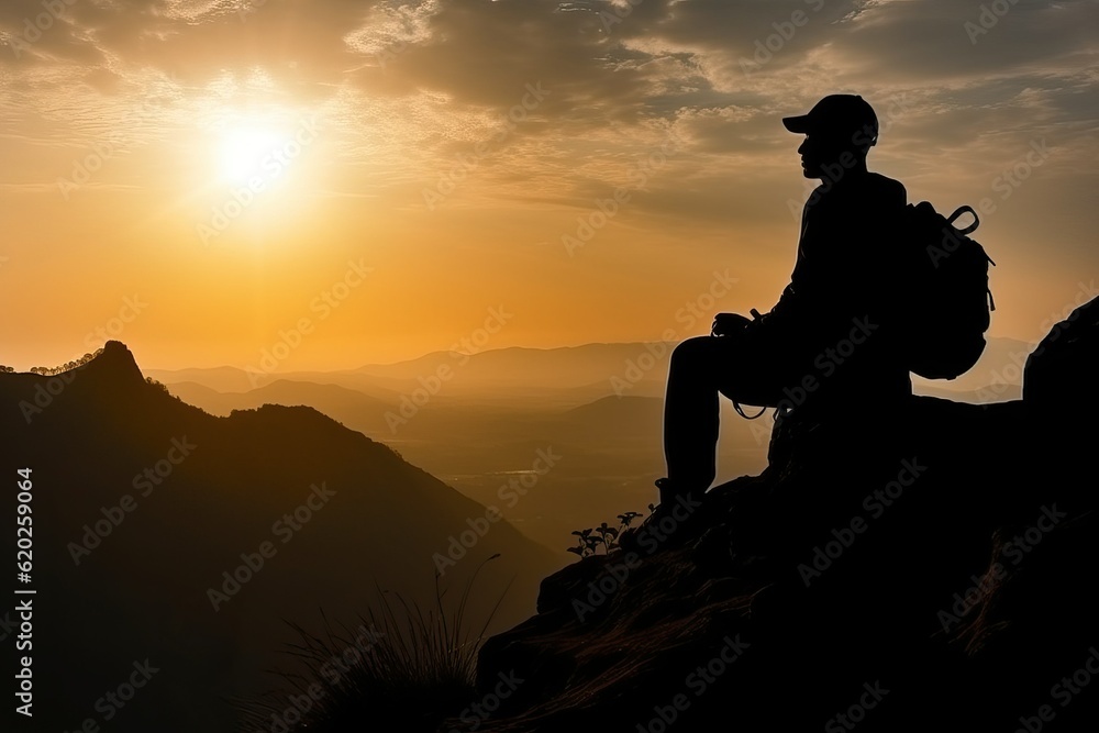Silhouette of Hiker with backpack sitting on top of hill (Ai generated)