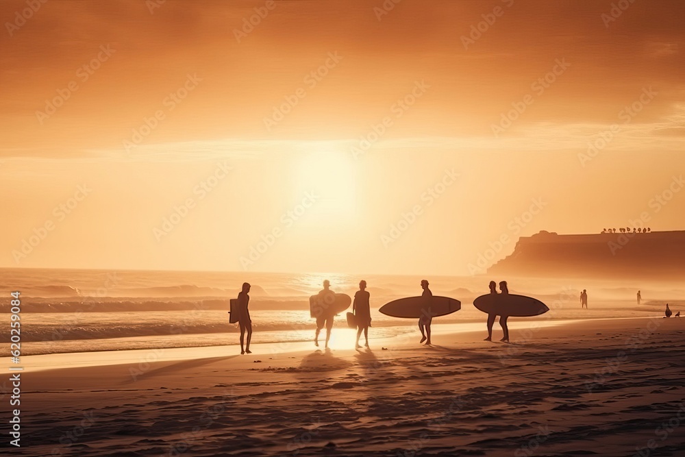 Silhouette of surfer people carrying their surfboard (Ai generated) Silhouette of surfer people carrying their surfboard (Ai generated)