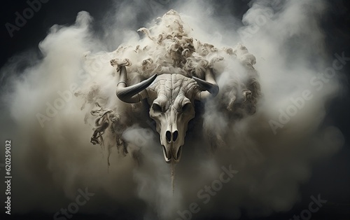 A bull with large horns standing in a cloud of smoke. AI