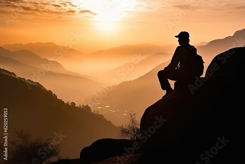 Silhouette of Hiker with backpack sitting on top of hill (Ai generated)