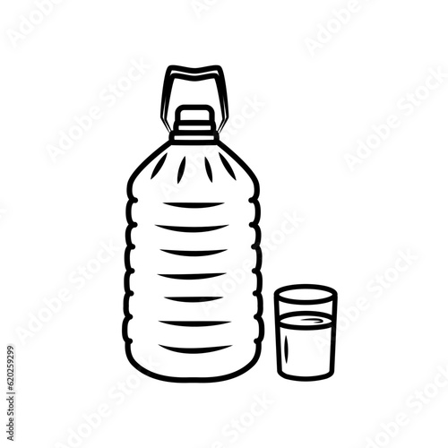 Glass and Bottle of water isolated vector illustration on white background. Transparent vector plastic bottle with water. Big Bottle of Water