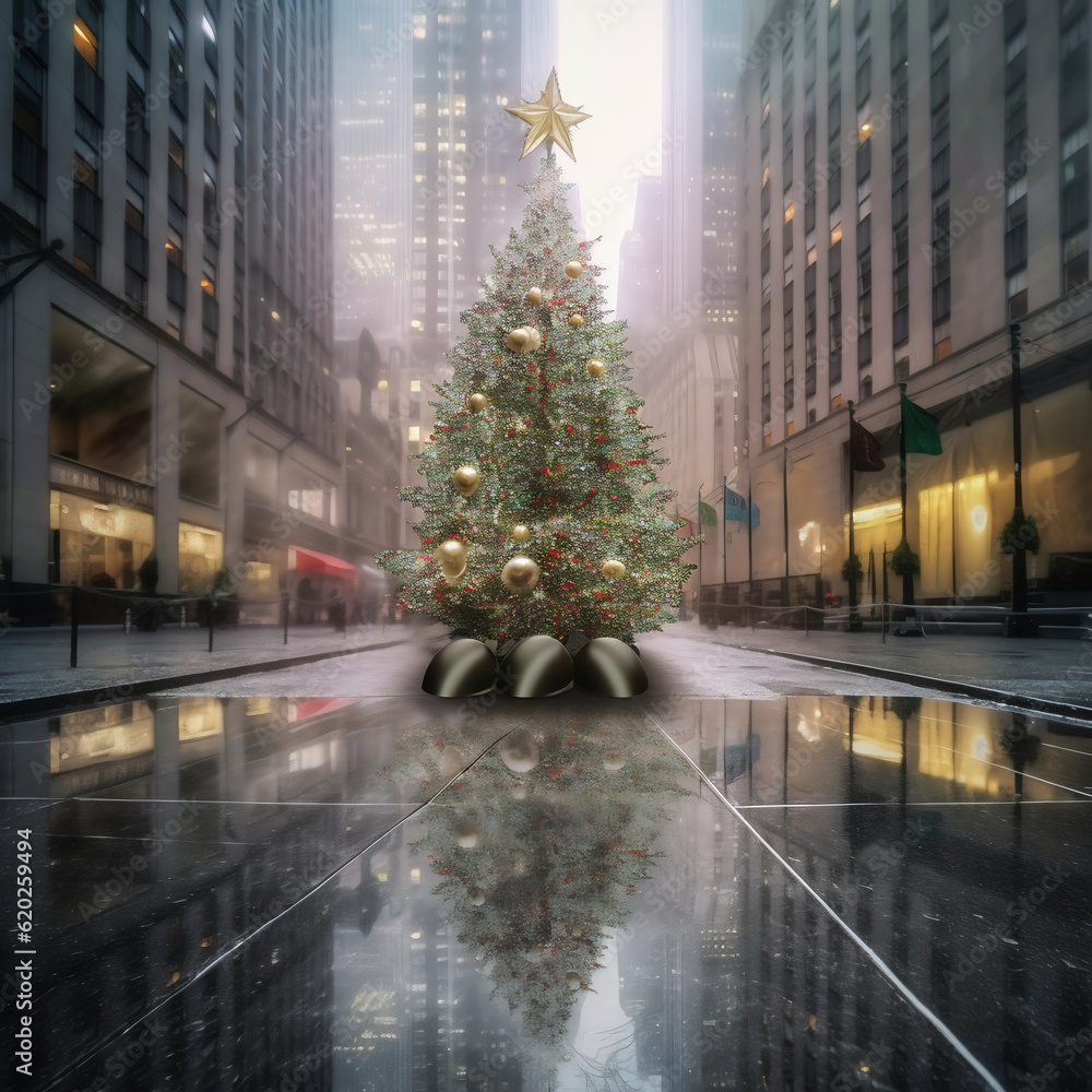 Christmas tree in the city at night. 3D rendering and illustration.