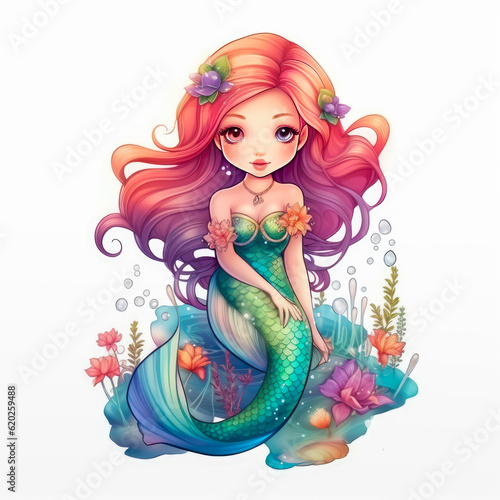 Cartoon character Mermaid, cute girl, illustration isolated on white background. Generative AI. 