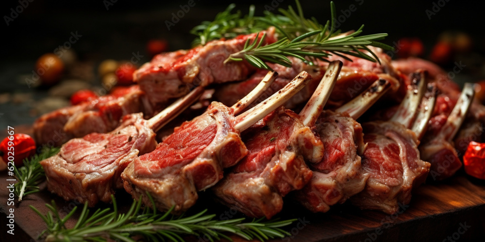 Grilled meat or lamb ribs and cuts of meat on skewers as a barbecue party or picnic. AI generated.