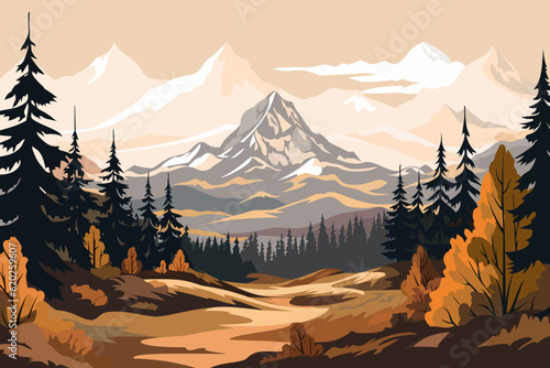 Landscape big mountains, beautiful autumn forest. Autumn forest against the backdrop of snowy mountains. vector illustration.