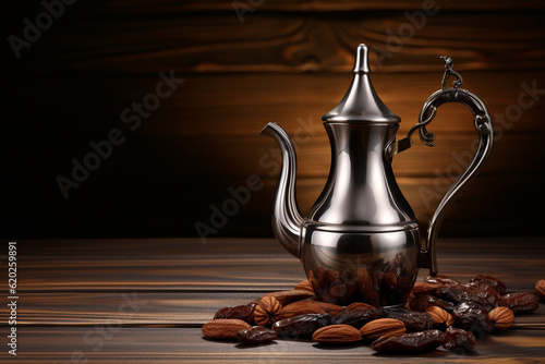 Metal teapot for Arabic tea or coffee. Arabic oriental zavrak concept, mocap on a dark background. AI generated. photo