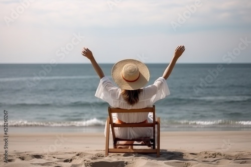 Woman sitting on the beach  Summer beach vacation concept  Ai generated 