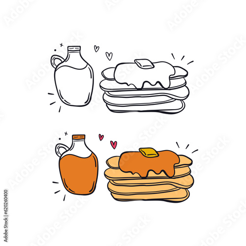 Pancake and honey with butter hand drawn doodle sticker. Cute food couple cartoon drawing vector icon illustration