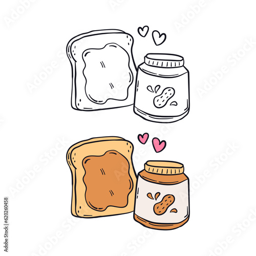 Bread and peanut butter hand drawn doodle sticker. Cute food couple cartoon drawing vector icon illustration