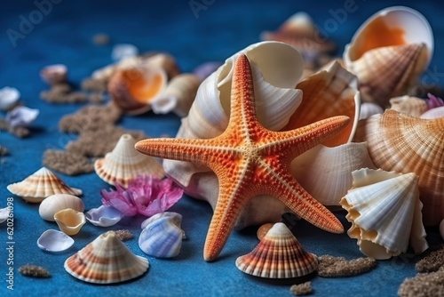 Sea shell and starfish, Summer time concept (Ai generated)