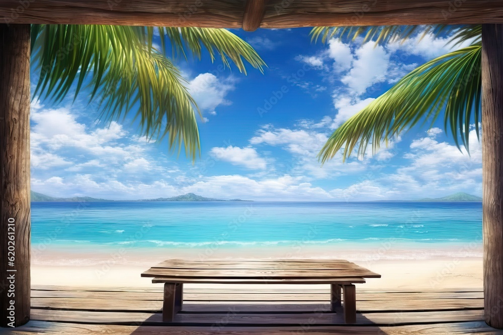 Summer tropical sea with wave and palm leaf, wooden floor for background (Ai generated)