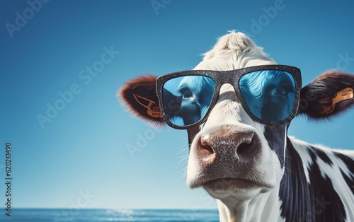 A close up of a cow wearing sunglasses. AI