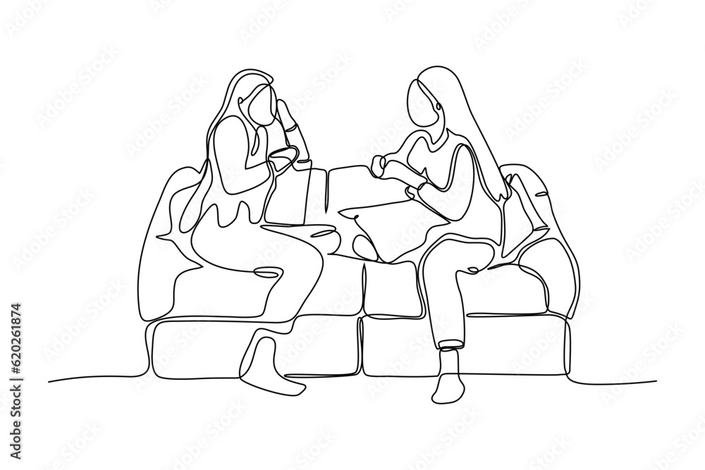 continuous line vector illustration design of two women sitting on sofa