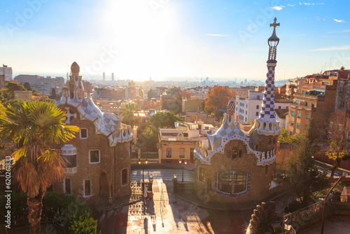 View of fairytale gingerbread houses in Park Guell designed by Antoni Gaudi in Barcelona, Spain