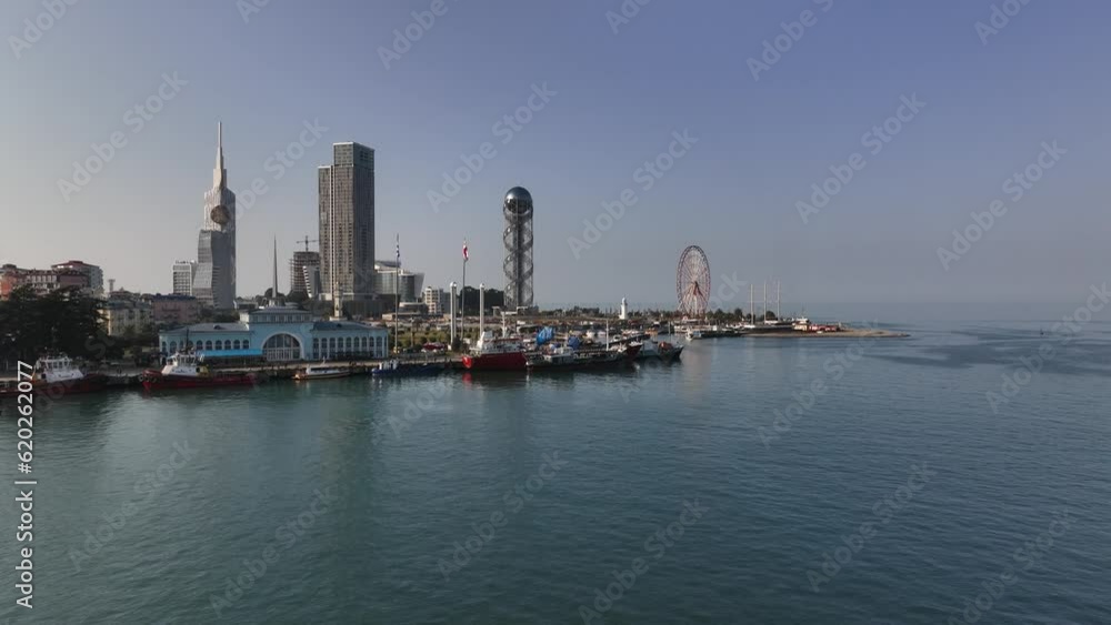 Aerial view of beautiful Batumi coastline. Black Sea touristic dock, Batumi port, harbor and bay. Cityscape of Batumi Aerial view of beautiful Batumi coastline. Black Sea touristic dock, Batumi port, harbor and bay. Cityscape of Batumi