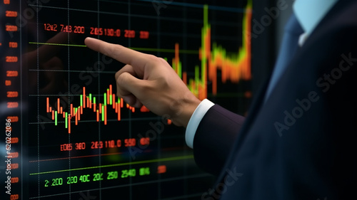 Medium Shot of Businessman's Hand Pointing at Stock Market Graph on Digital Screen. Generative AI