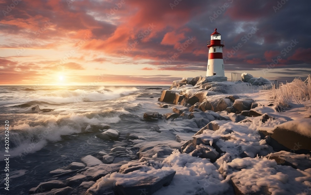 A painting of a lighthouse on a snowy shore. AI