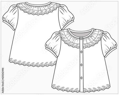 EMBROIDERED FRILL AND PUFF SLEEVES DETAIL WOVEN TOP DESIGNED FOR TODDLER GIRL AND BABY GIRLS IN EDITABLE VECTOR