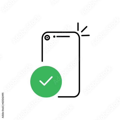 check mark with phone icon like apply now or confirm. flat trend modern logotype graphic web outline design element isolated on white.