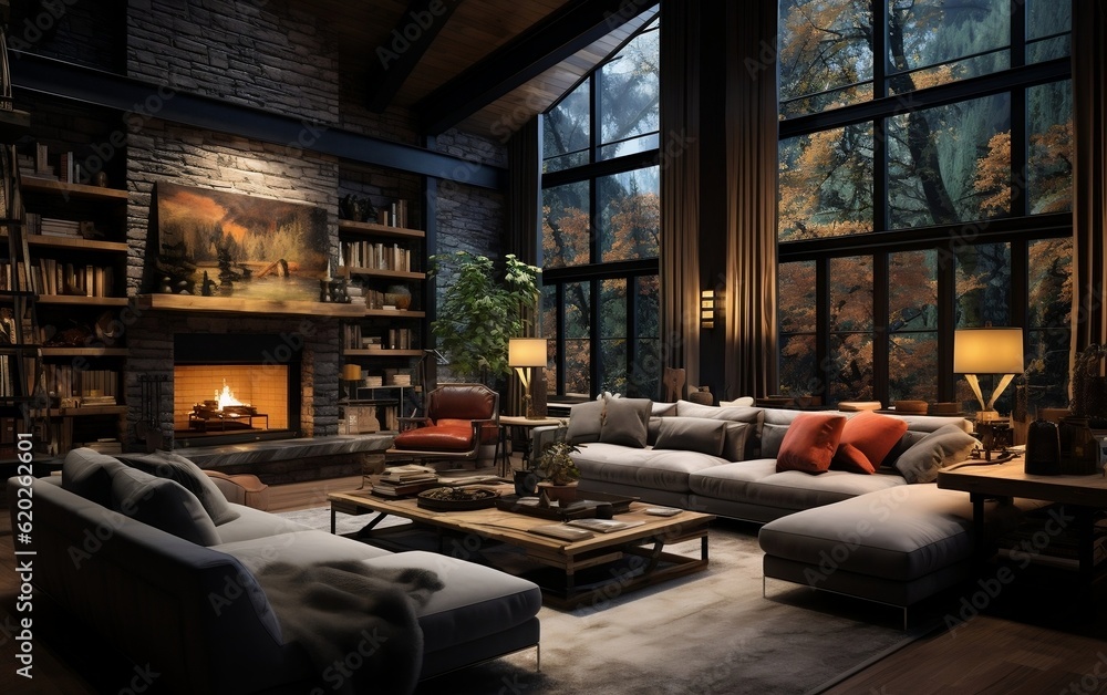 A living room filled with furniture and a fire place. AI