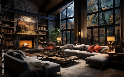A living room filled with furniture and a fire place. AI