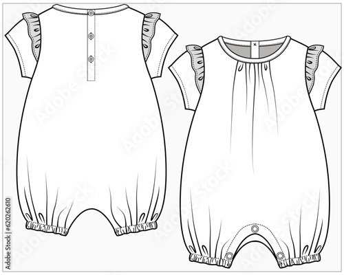 FRILLED ONESIE BODYDUIT PLAYSUIT WITH GATHERS AT NECKLINE DETAIL DESIGNED FOR TODDLER GIRL AND BABY GIRLS IN EDITABLE VECTOR