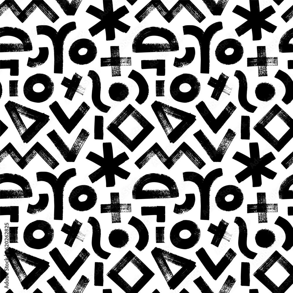 Fototapeta premium Geometric bold brush drawn shapes seamless pattern. Hand drawn background with various geometric figures: crosses, triangles, zigzag bold lines, curves, square and circles. Grunge style pattern.