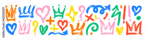 Collection of multi colored brush drawn symbols: hearts, crowns, arrows, crosses, swirls and dots with dry brush texture. Exclamation and question marks. Bold graffiti style colorful vector shapes.