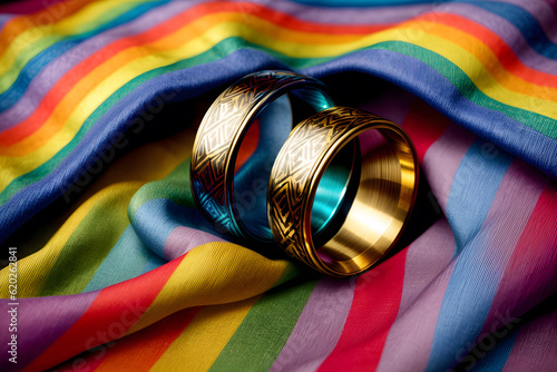 Two Wedding Rings Sitting On Top Of A Rainbow Colored Blanket