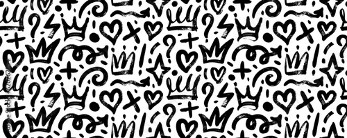 Brush drawn doodle shapes seamless pattern. Hearts  crowns  arrows  crosses  swirls and dots with dry brush texture. Banner background with trendy graffiti style elements. Hand drawn various shapes.