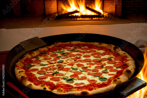 A Pizza Sitting On Top Of A Pan In Front Of A Fire