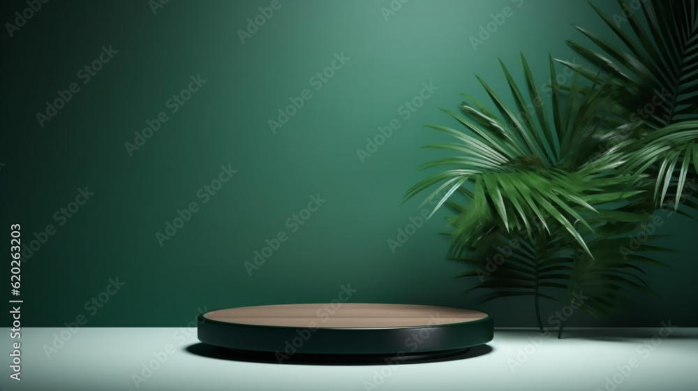 Realistic wooden product display podium with foliage and plant, modern green background. Presentation showcase backdrop for beauty product, home, or body products. Generative AI Realistic wooden product display podium with foliage and plant, modern green background. Presentation showcase backdrop for beauty product, home, or body products. Generative AI