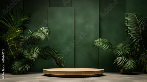 Realistic wooden product display podium with foliage and plant  modern green background. Presentation showcase backdrop for beauty product  home  or body products. Generative AI