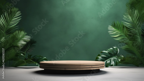 Realistic wooden product display podium with foliage and plant, modern green background. Presentation showcase backdrop for beauty product, home, or body products. Generative AI
