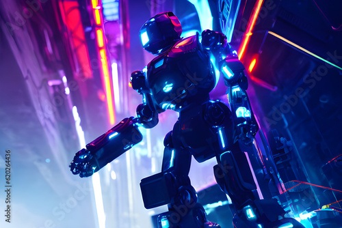 Glowing Future: Striking Image of a Robot with Neon Lights On Cybernetic digital Cyberpunk Style Background Generated Ai