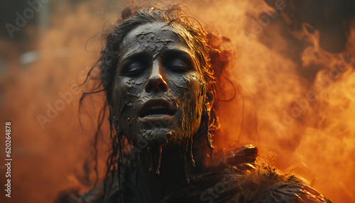 Fictitious recreation of a witch woman in fire. Illustration AI photo