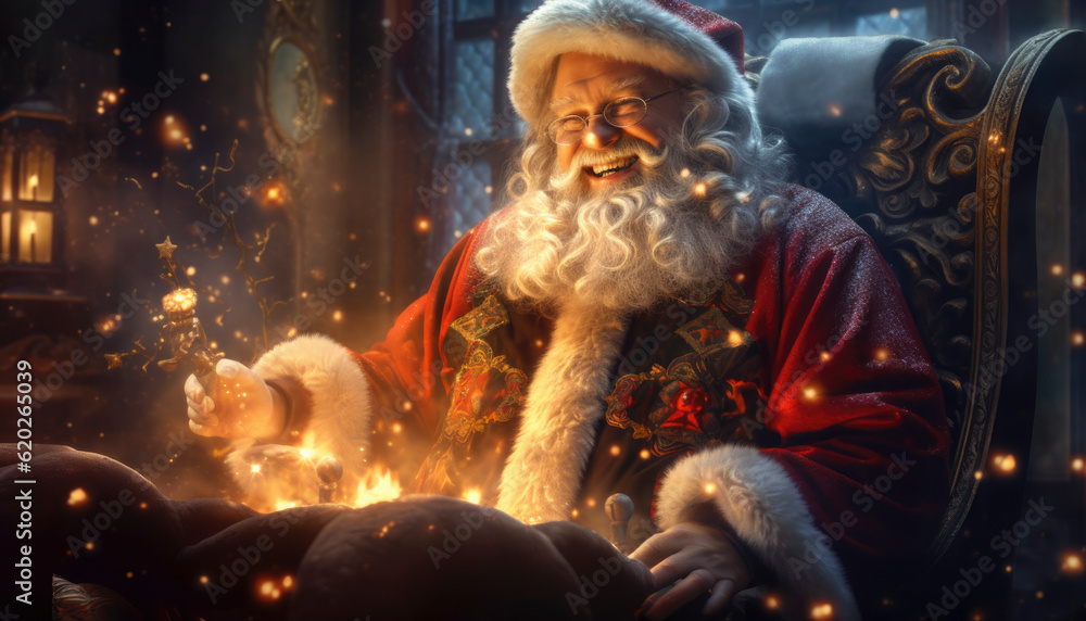 Merry Christmas and happy holidays from Santa Claus in a jolly Xmas scene. Generative AI illustrations