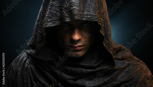 Recreation of demonic monk with robe and hood looking. Illustration AI photo
