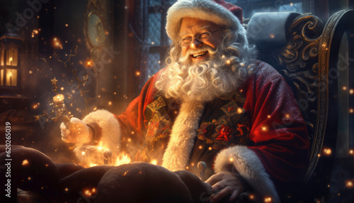 Merry Christmas and happy holidays from Santa Claus in a jolly Xmas scene. Generative AI illustrations © Polarpx
