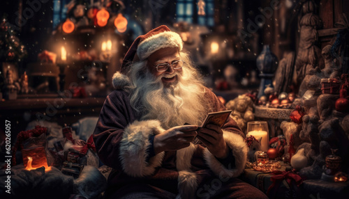 Merry Christmas and happy holidays from Santa Claus in a jolly Xmas scene. Generative AI illustrations