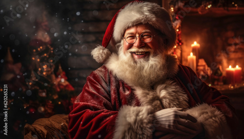 Merry Christmas and happy holidays from Santa Claus in a jolly Xmas scene. Generative AI illustrations